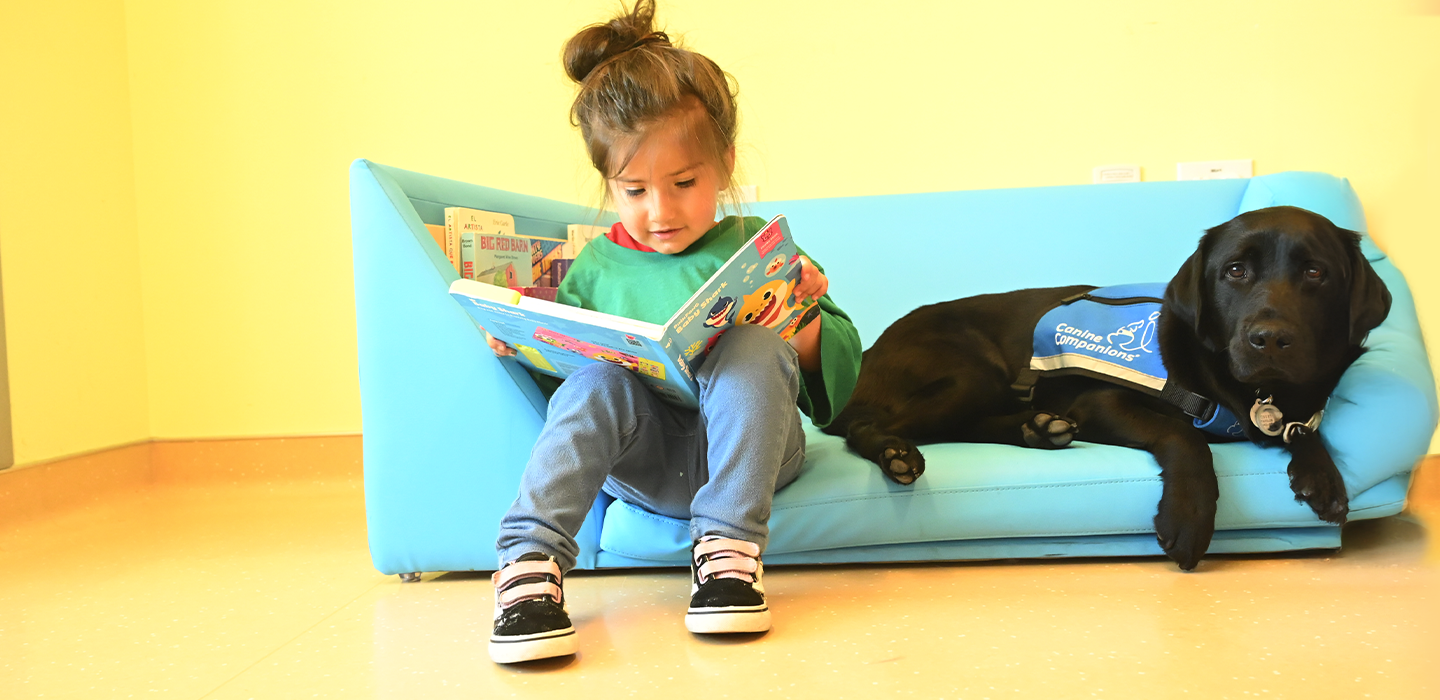 a young girl reads on a couch next to a dog