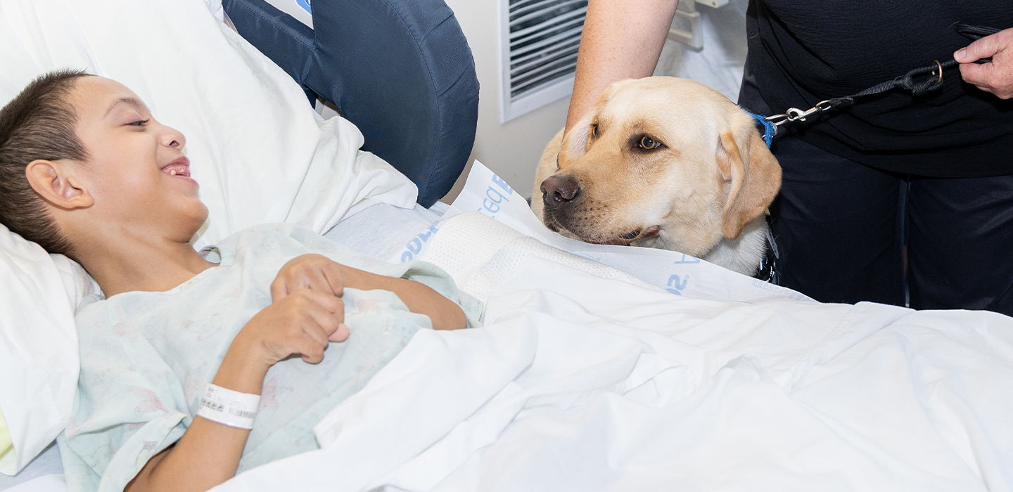a patient smiles with a facility dog at their hospital bed