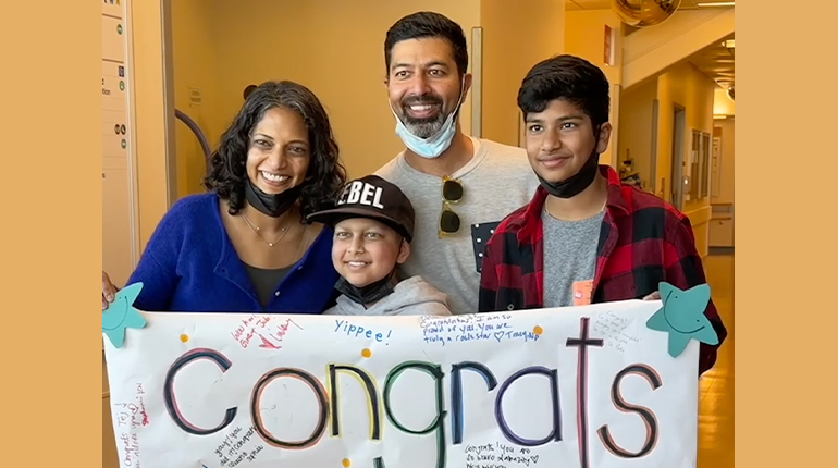 Tej celebrates the end of cancer treatment with his family, from left: Chetana, Tej, Nirav, and Vikram Bisarya.