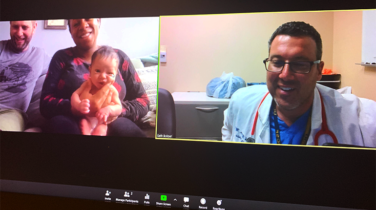 Seth Bokser, MD, checked in with new parents Ashley and Ray about baby Joseph via a telehealth appointment when he was just a few days old. 